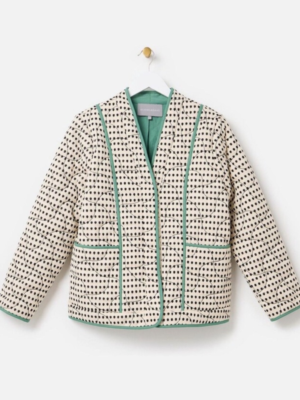 Oliver Bonas White Spotty Quilted Jacket Green Trim [Size Large/US 12]